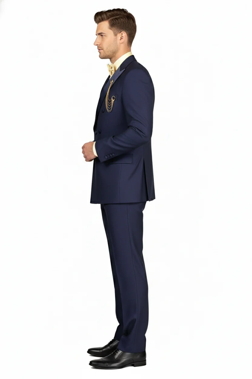 Men’s Navy Blue Double-Breasted Tuxedo with navy Satin Peak Lapel Wedding Suit - Image 5