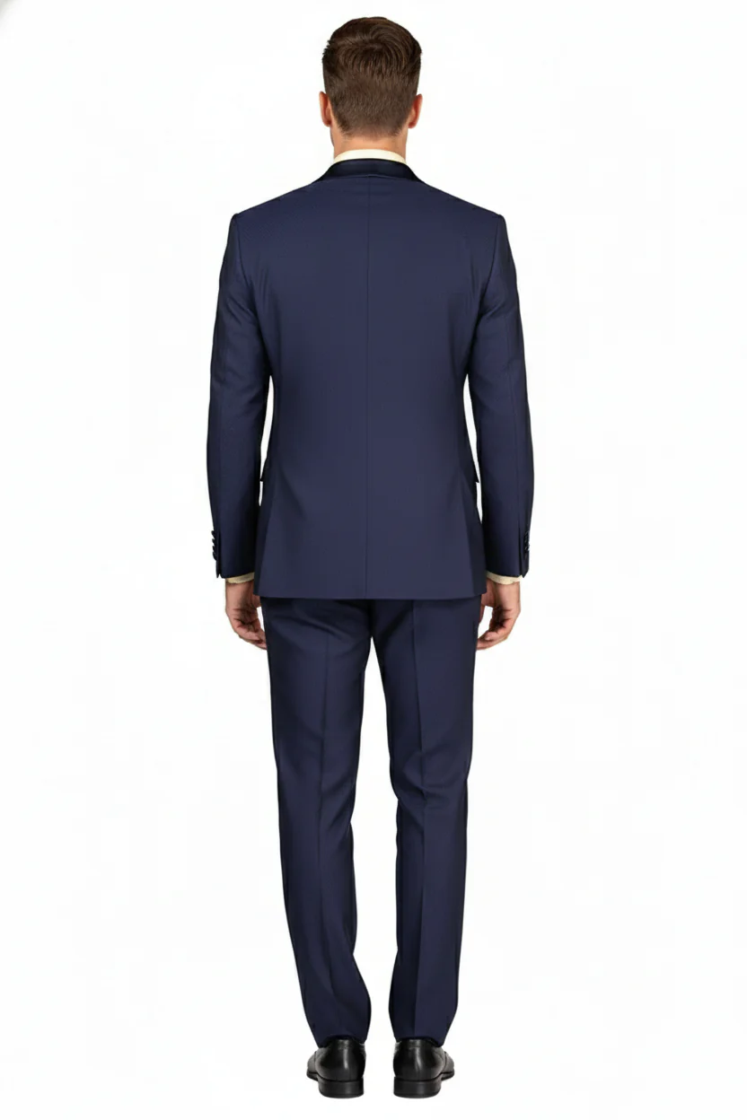 Men’s Navy Blue Double-Breasted Tuxedo with navy Satin Peak Lapel Wedding Suit - Image 6
