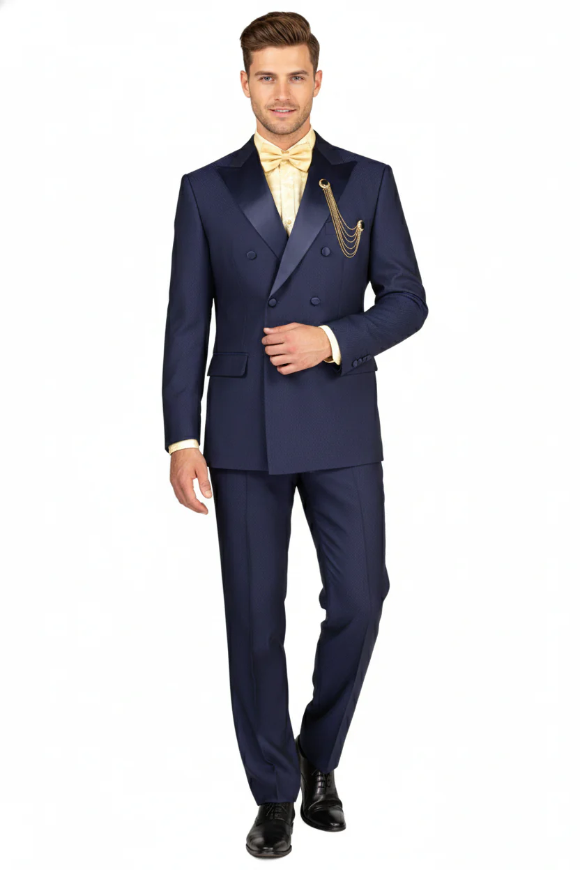 Men’s Navy Blue Double-Breasted Tuxedo with navy Satin Peak Lapel Wedding Suit - Image 7