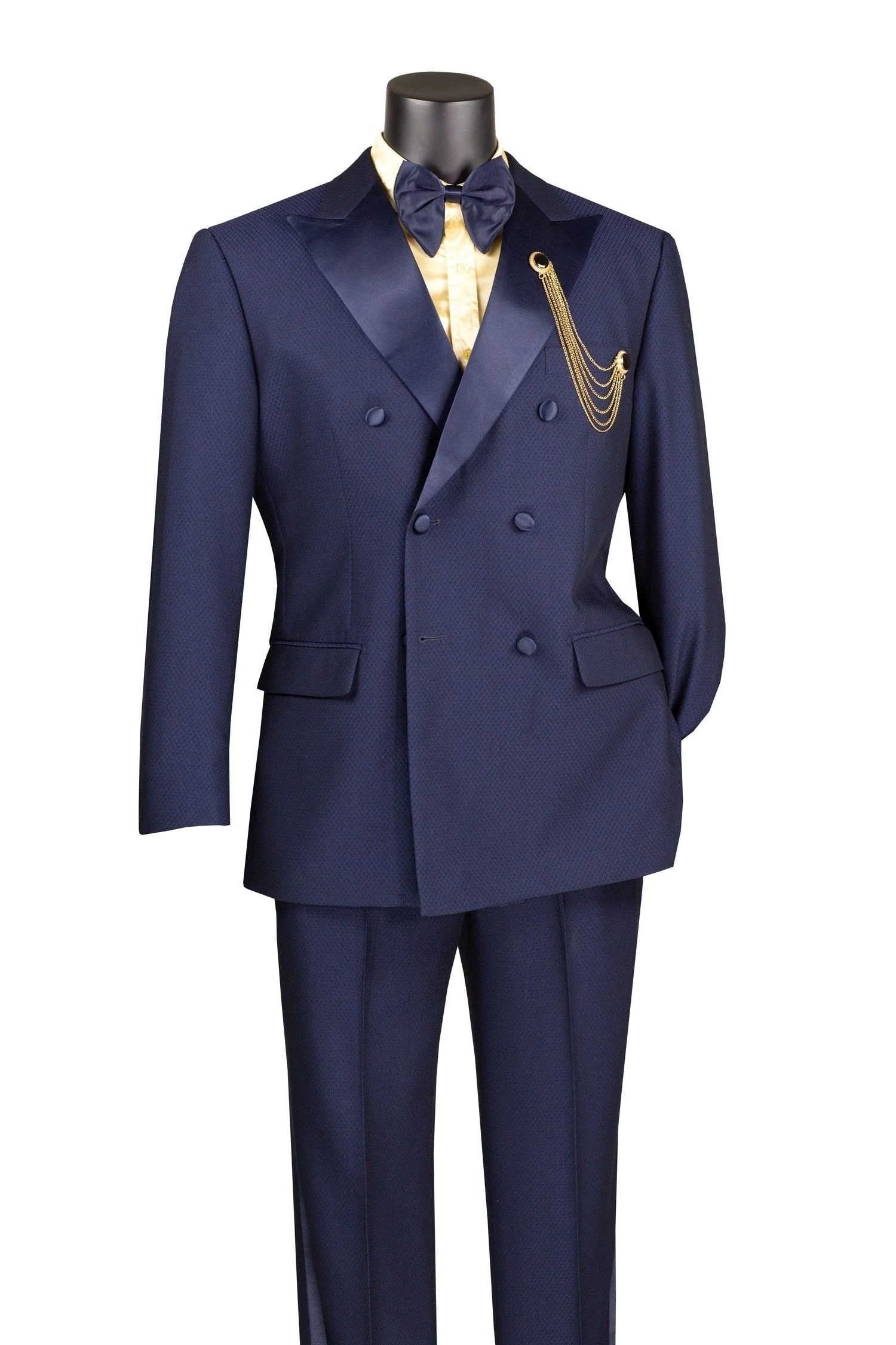Men’s Navy Blue Double-Breasted Tuxedo with navy Satin Peak Lapel Wedding Suit - Image 8
