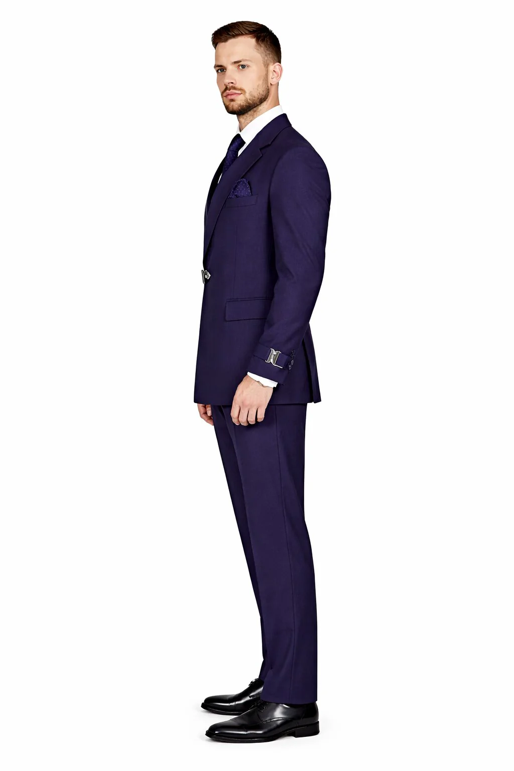Men’s Navy Blue Double Breasted Wool Suit with Signature Buckle Closure Designer Tailored Fit - Image 3