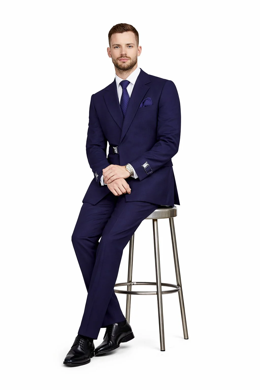 Men’s Navy Blue Double Breasted Wool Suit with Signature Buckle Closure Designer Tailored Fit - Image 4
