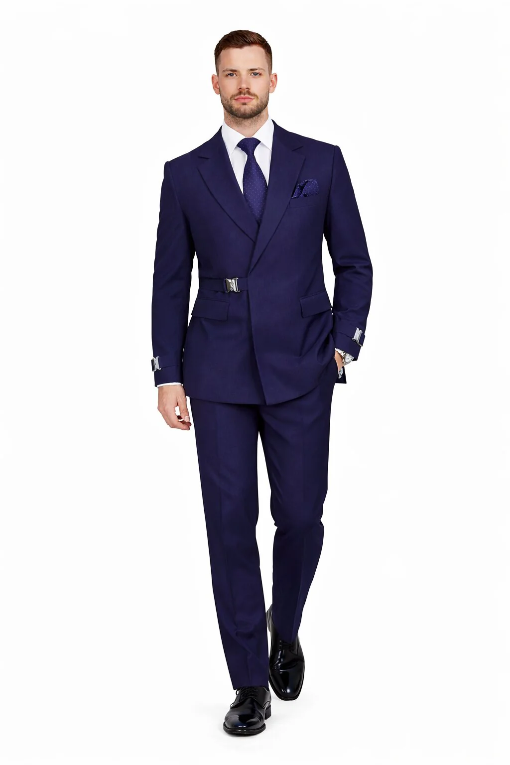 Men’s Navy Blue Double Breasted Wool Suit with Signature Buckle Closure Designer Tailored Fit - Image 5