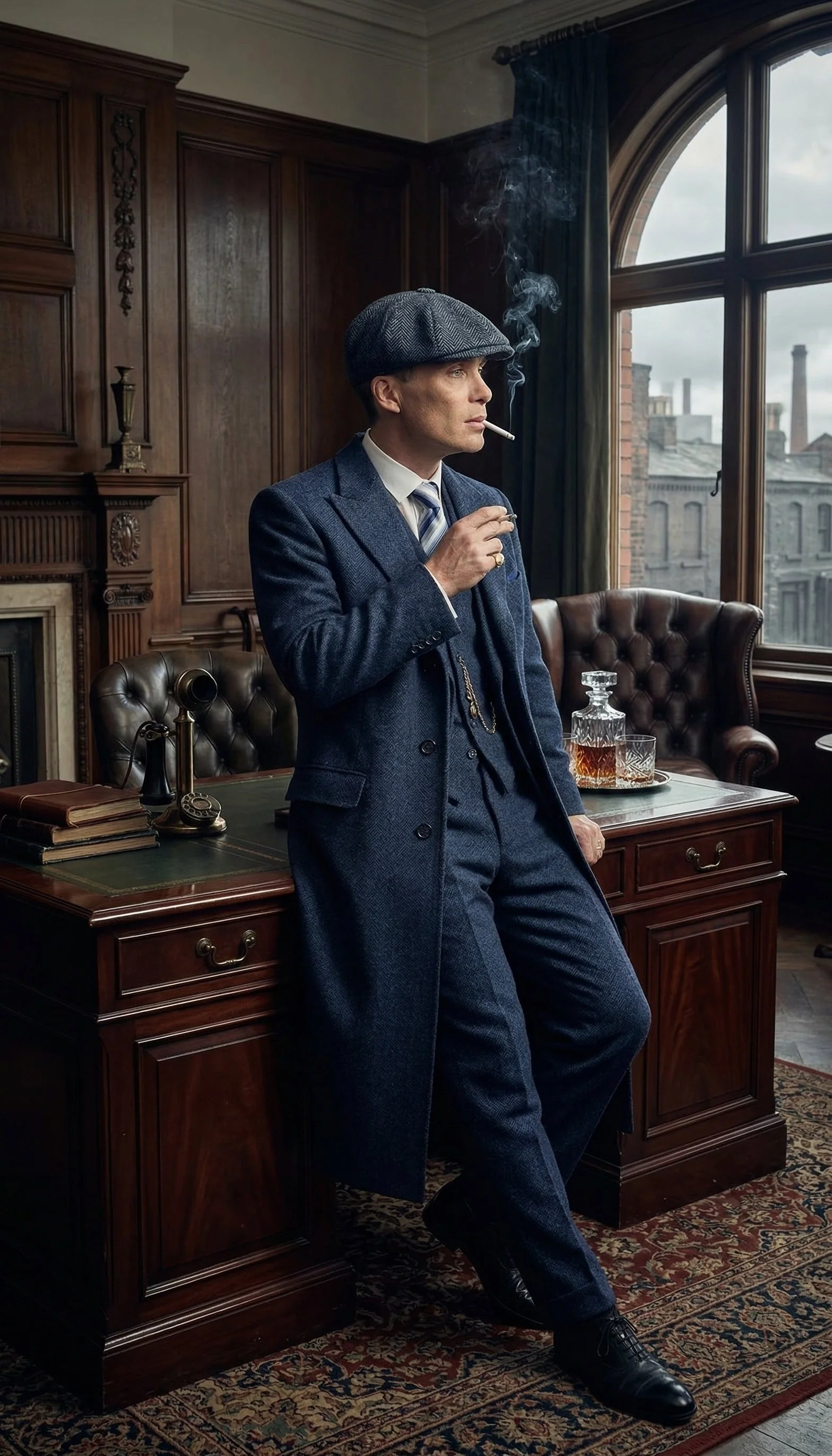 Men’s Navy Blue Herringbone Tweed  1920s 3 Piece Suit with Overcoat – Vintage Peaky Blinder Style Formal Suit Set with Blazer, Waistcoat + Overcoat + Hat - Image 11
