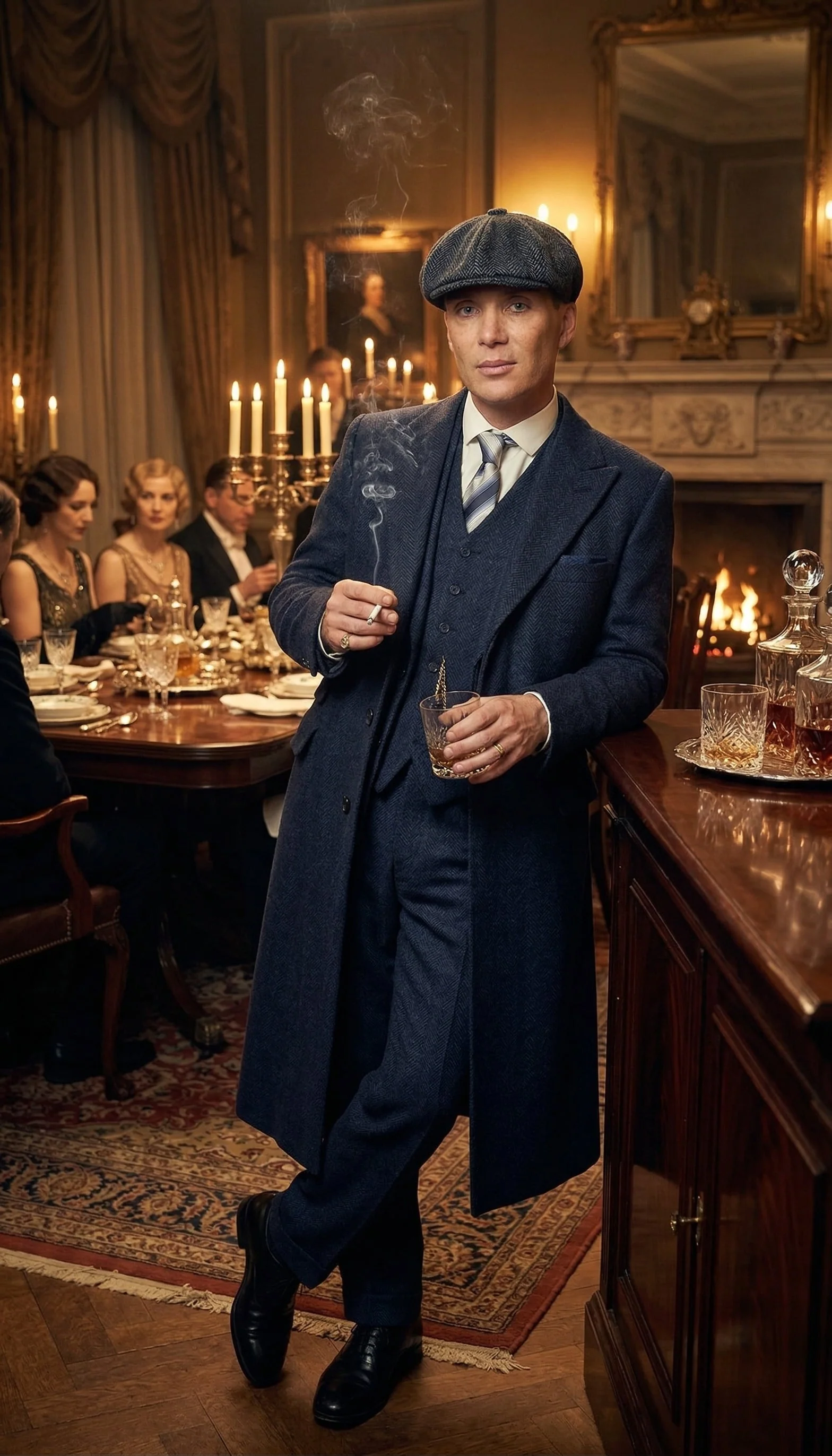 Men’s Navy Blue Herringbone Tweed  1920s 3 Piece Suit with Overcoat – Vintage Peaky Blinder Style Formal Suit Set with Blazer, Waistcoat + Overcoat + Hat - Image 12
