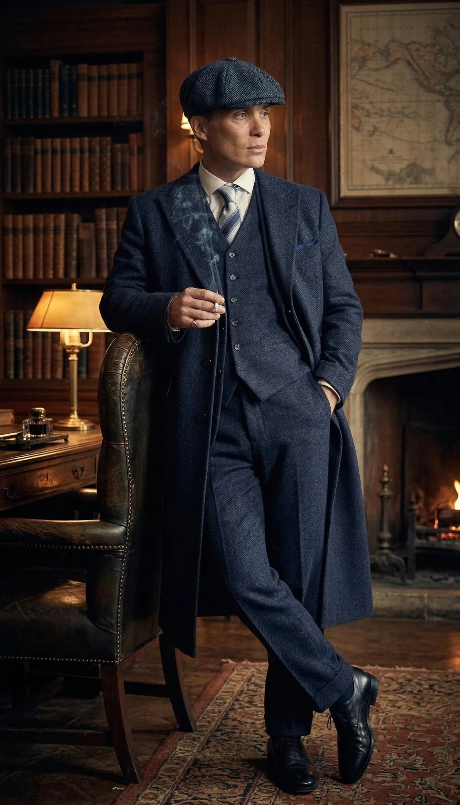 Men’s Navy Blue Herringbone Tweed  1920s 3 Piece Suit with Overcoat – Vintage Peaky Blinder Style Formal Suit Set with Blazer, Waistcoat + Overcoat + Hat - Image 13