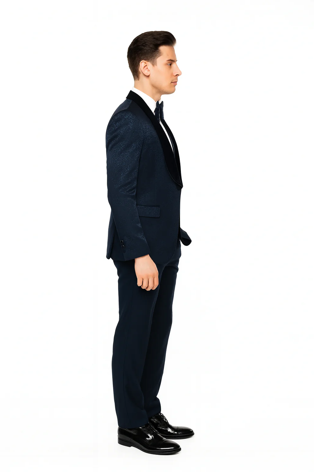 Men’s Navy Blue Jacquard Tuxedo with Black Velvet Shawl Lapel – 3 Piece Formal Suit with Bow Tie - Image 3