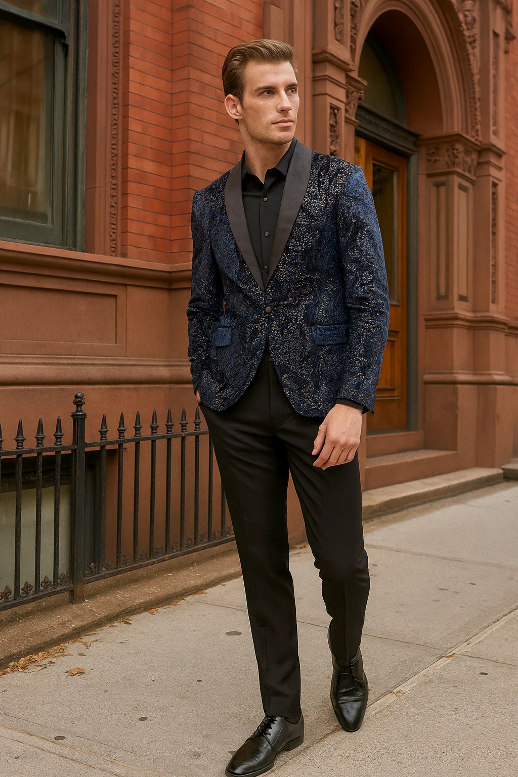 Men’s Navy Blue Sequin Tuxedo Jacket with Black Satin Shawl Lapel – Luxury Prom and Wedding Blazer - Image 2