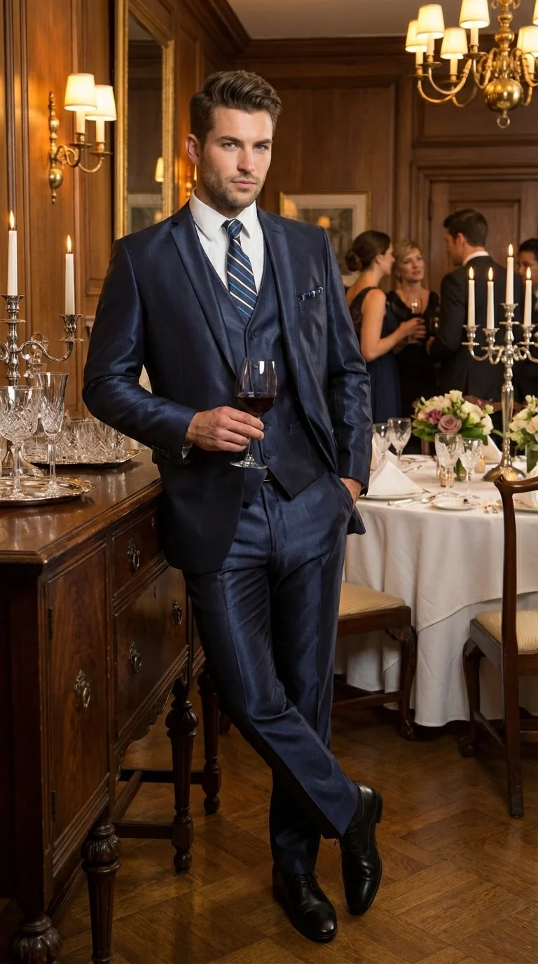Men’s Navy Blue Sharkskin 3 Piece Suit – Two Button Vested Shiny Formal Suit for Wedding, Prom, Business and Party Wear - Image 10
