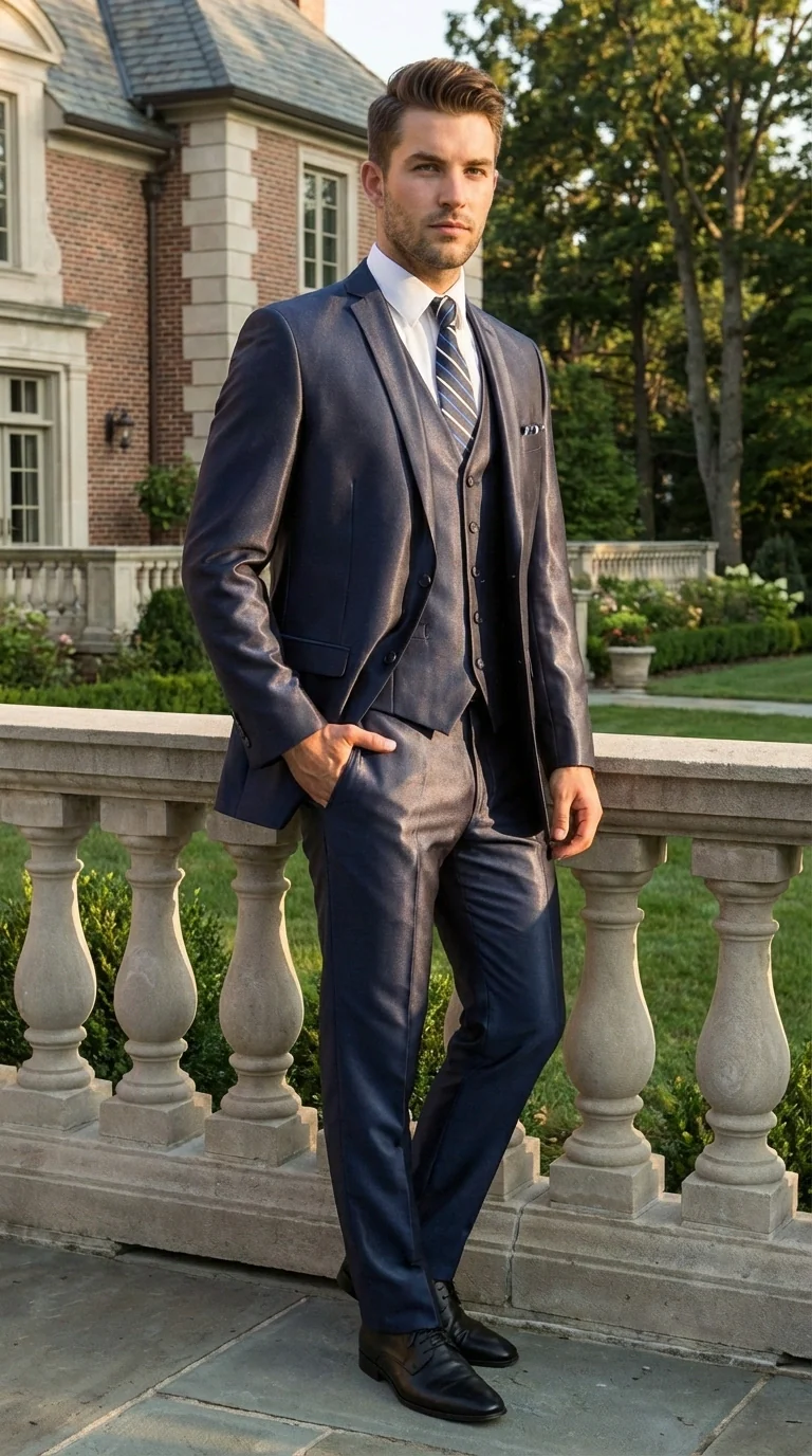 Men’s Navy Blue Sharkskin 3 Piece Suit – Two Button Vested Shiny Formal Suit for Wedding, Prom, Business and Party Wear - Image 13