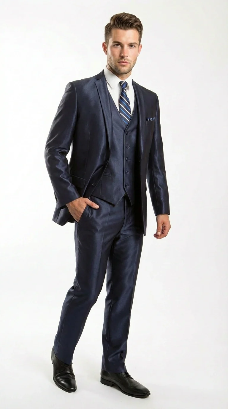 Men’s Navy Blue Sharkskin 3 Piece Suit – Two Button Vested Shiny Formal Suit for Wedding, Prom, Business and Party Wear - Image 16