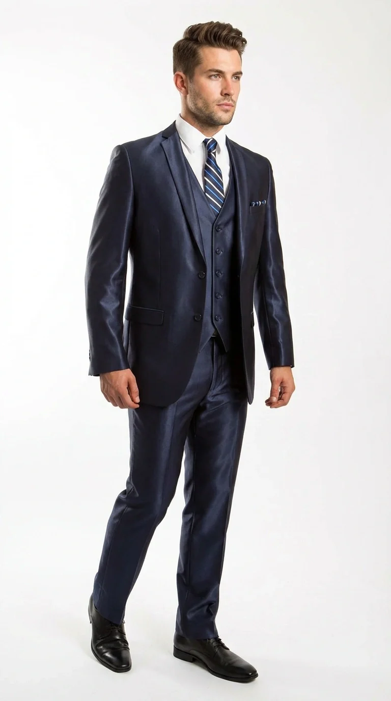Men’s Navy Blue Sharkskin 3 Piece Suit – Two Button Vested Shiny Formal Suit for Wedding, Prom, Business and Party Wear - Image 2