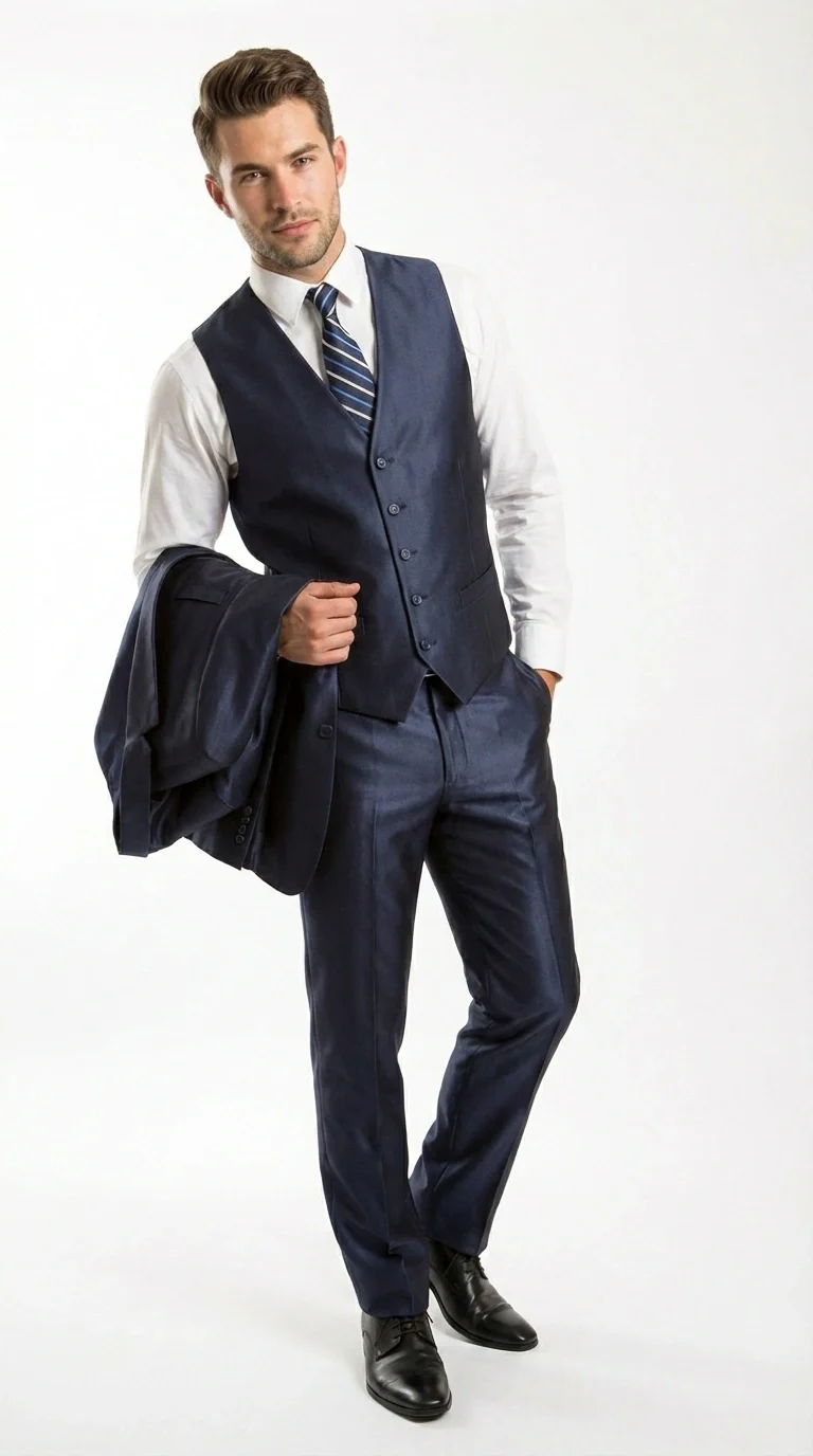 Men’s Navy Blue Sharkskin 3 Piece Suit – Two Button Vested Shiny Formal Suit for Wedding, Prom, Business and Party Wear - Image 5