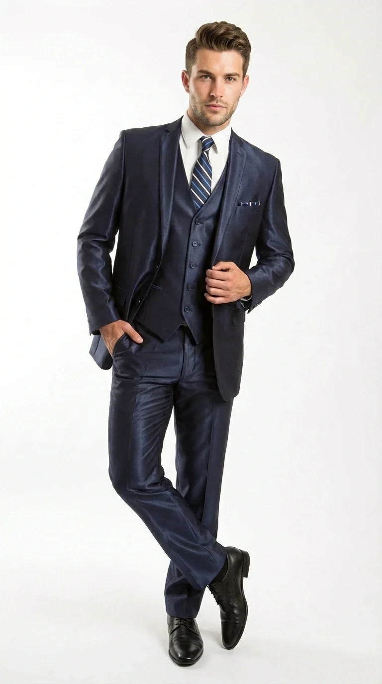 Men’s Navy Blue Sharkskin 3 Piece Suit – Two Button Vested Shiny Formal Suit for Wedding, Prom, Business and Party Wear - Image 6