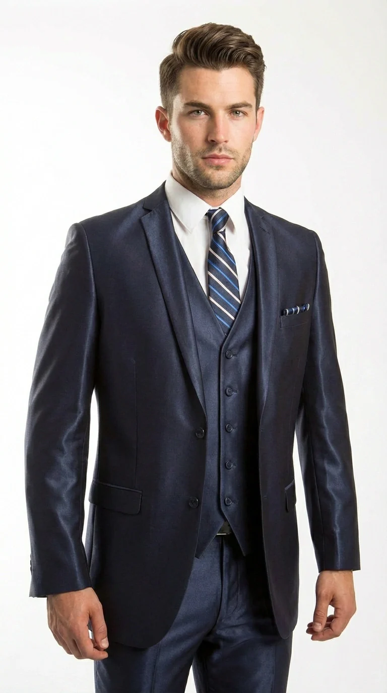 Men’s Navy Blue Sharkskin 3 Piece Suit – Two Button Vested Shiny Formal Suit for Wedding, Prom, Business and Party Wear - Image 8