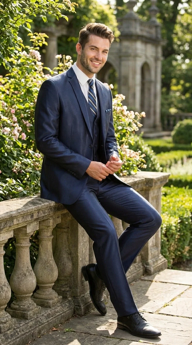 Men’s Navy Blue Sharkskin 3 Piece Suit – Two Button Vested Shiny Formal Suit for Wedding, Prom, Business and Party Wear - Image 9
