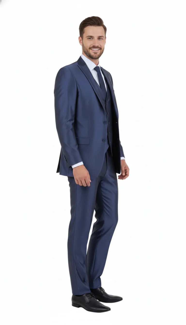 Men’s Navy Blue Shiny Finish 3-Piece Suit Set – Premium Tailored Fit Formal Wedding and Party Sateen Slim Fitted Suit - Image 6