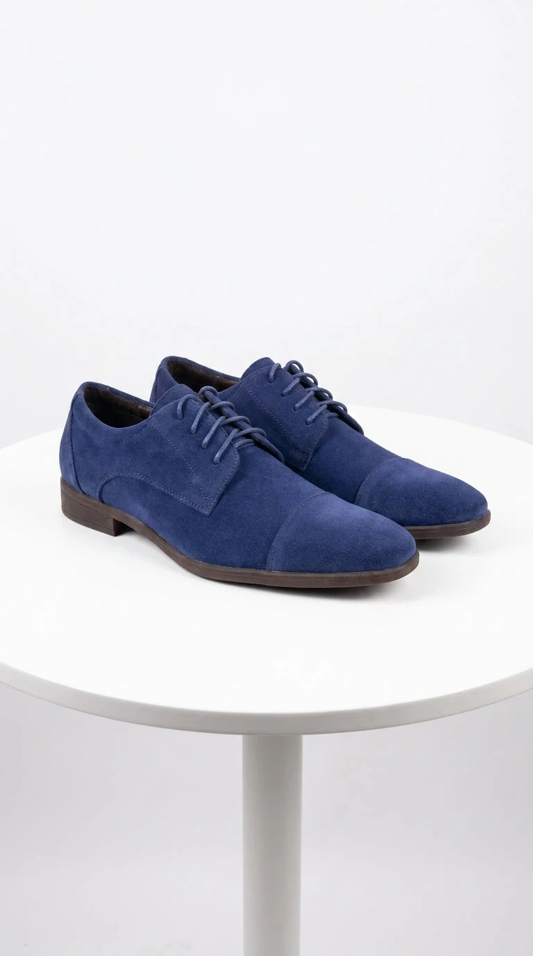 Men’s Navy Blue Suede Cap Toe Dress Shoes – Classic Lace Up Formal Wedding and Prom Shoes Velvet Fabric