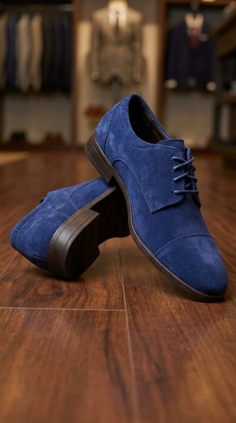 Men’s Navy Blue Suede Cap Toe Dress Shoes – Classic Lace Up Formal Wedding and Prom Shoes Velvet Fabric - Image 10