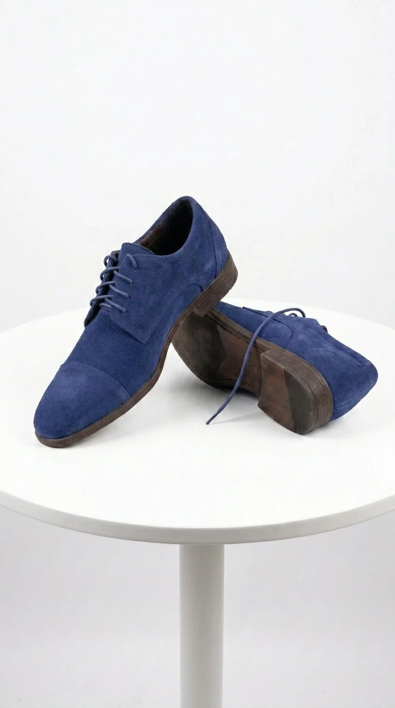 Men’s Navy Blue Suede Cap Toe Dress Shoes – Classic Lace Up Formal Wedding and Prom Shoes Velvet Fabric - Image 4