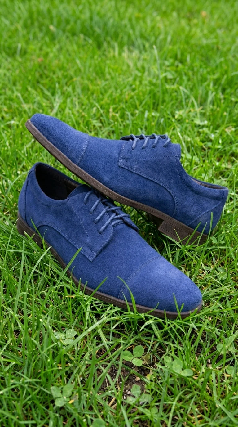 Men’s Navy Blue Suede Cap Toe Dress Shoes – Classic Lace Up Formal Wedding and Prom Shoes Velvet Fabric - Image 8
