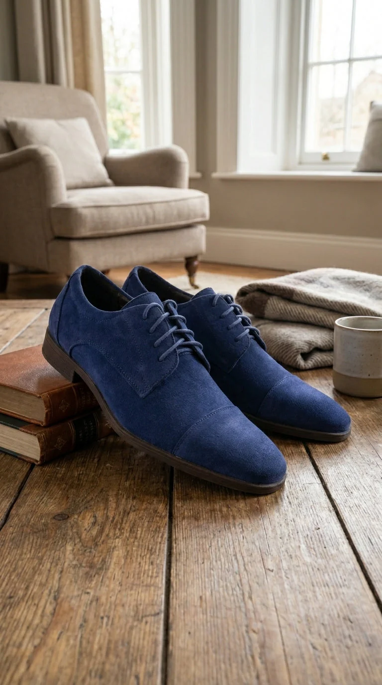 Men’s Navy Blue Suede Cap Toe Dress Shoes – Classic Lace Up Formal Wedding and Prom Shoes Velvet Fabric - Image 9