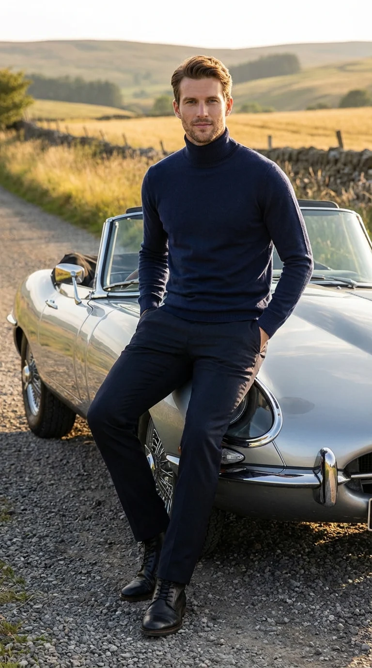 Men’s Navy Blue Turtleneck Sweater Pullover | Cotton Blend Long Sleeve Knit Top for Casual & Smart Wear - Image 3