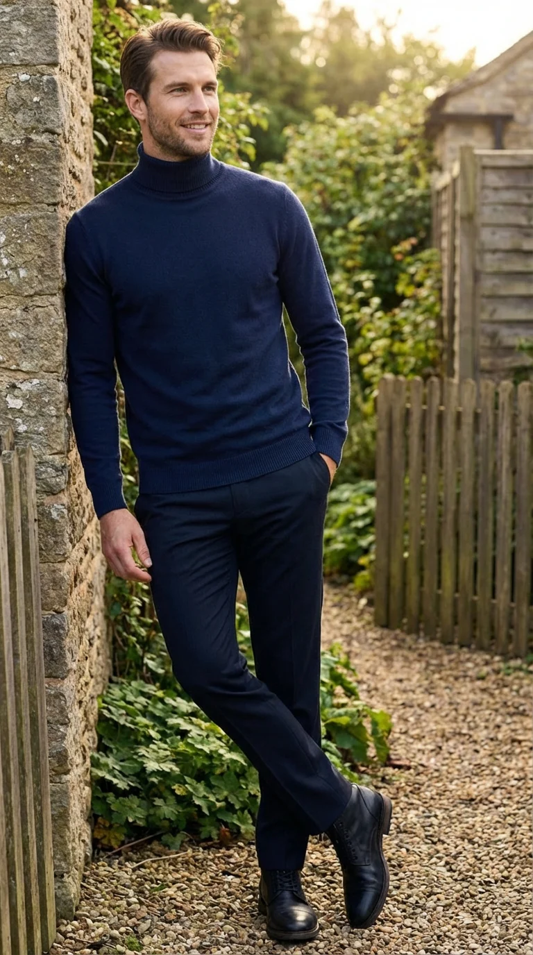 Men’s Navy Blue Turtleneck Sweater Pullover | Cotton Blend Long Sleeve Knit Top for Casual & Smart Wear - Image 5