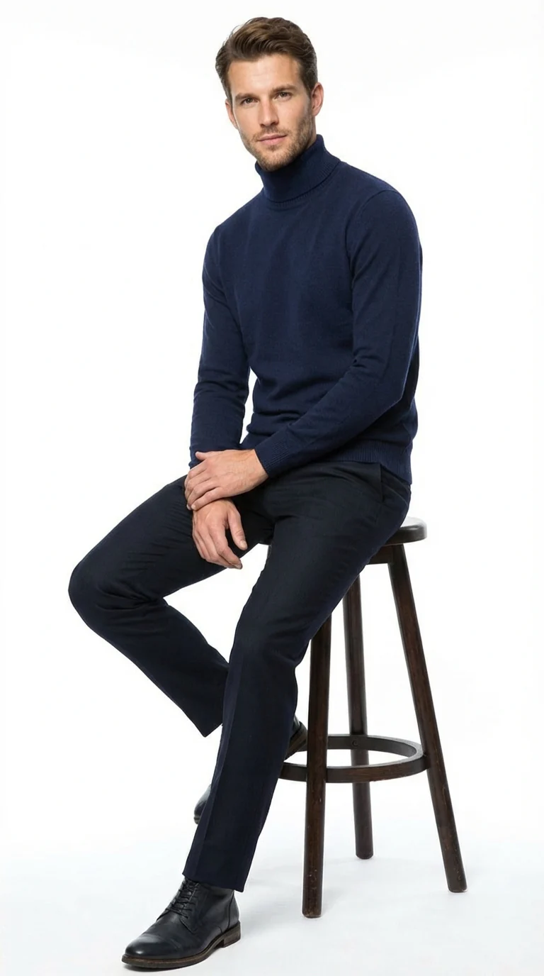 Men’s Navy Blue Turtleneck Sweater Pullover | Cotton Blend Long Sleeve Knit Top for Casual & Smart Wear - Image 7