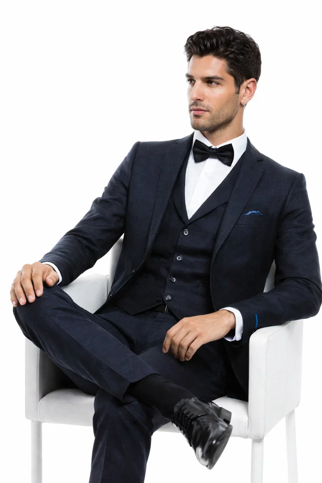 Men’s Navy Blue Vintage Tweed Wedding Suit – Two Button Jacket with Matching Vest - Image 4