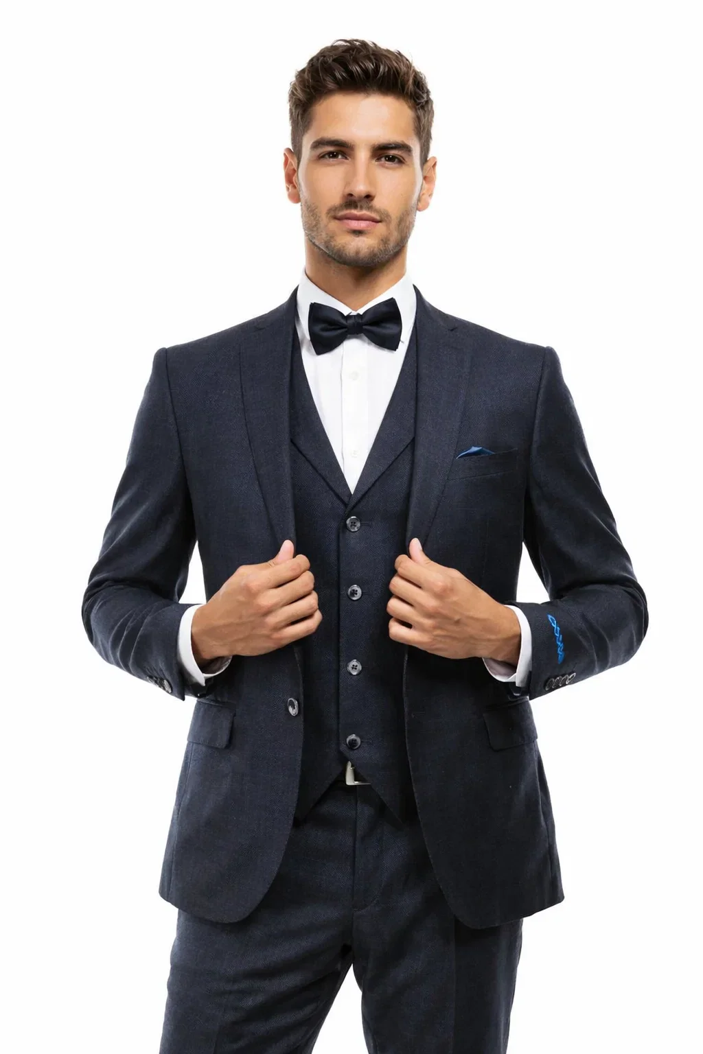 Men’s Navy Blue Vintage Tweed Wedding Suit – Two Button Jacket with Matching Vest - Image 6