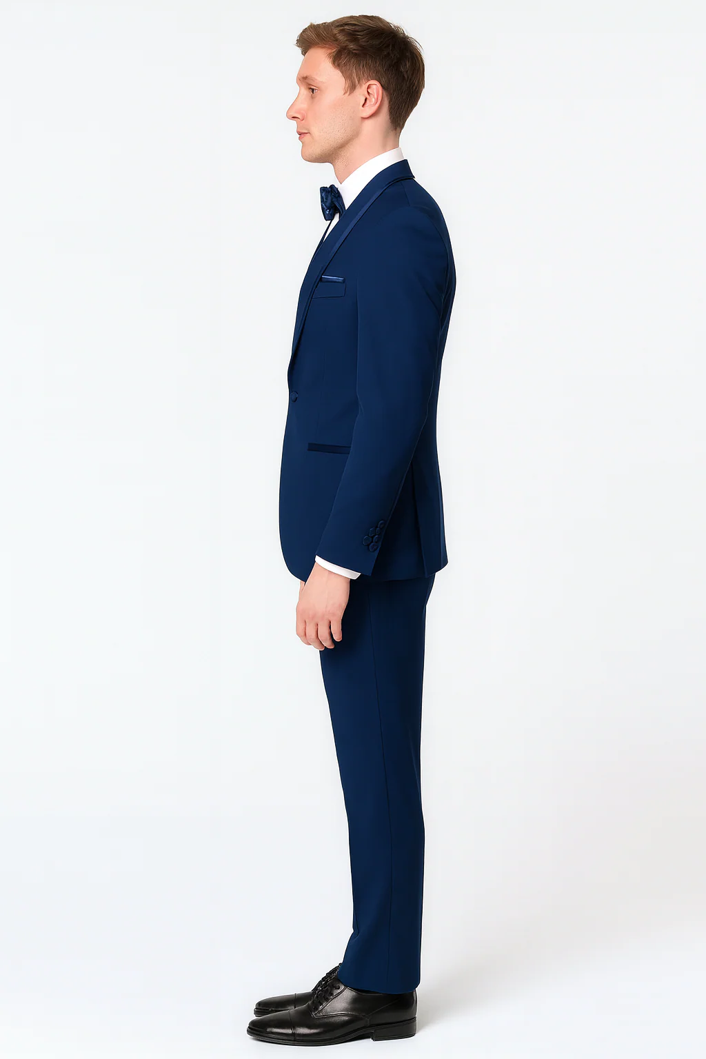 Men’s Navy Blue with Blue Trim Three-Piece Tuxedo with Satin Shawl Lapel and Bow Tie Wedding Suit - Image 3