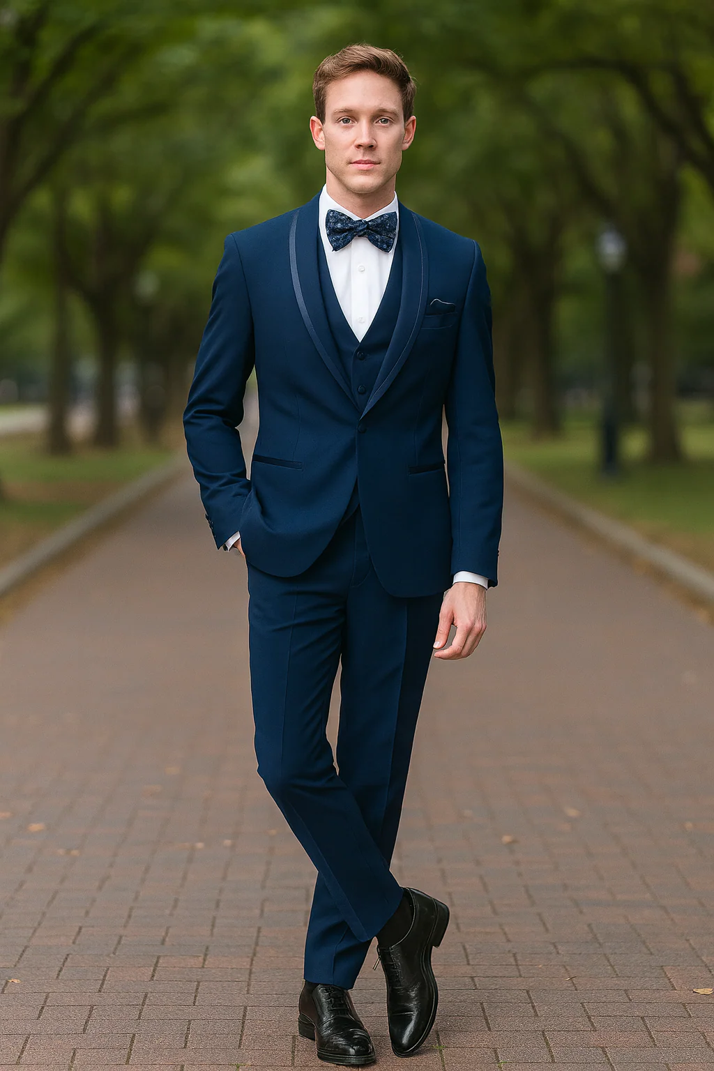 Men’s Navy Blue with Blue Trim Three-Piece Tuxedo with Satin Shawl Lapel and Bow Tie Wedding Suit - Image 4