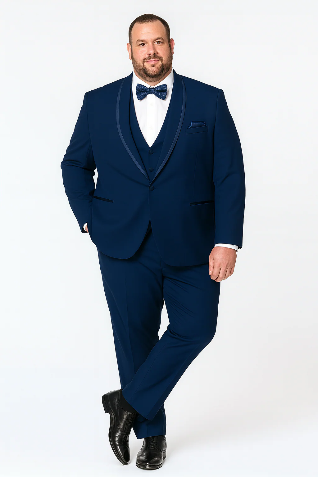 Men’s Navy Blue with Blue Trim Three-Piece Tuxedo with Satin Shawl Lapel and Bow Tie Wedding Suit - Image 5