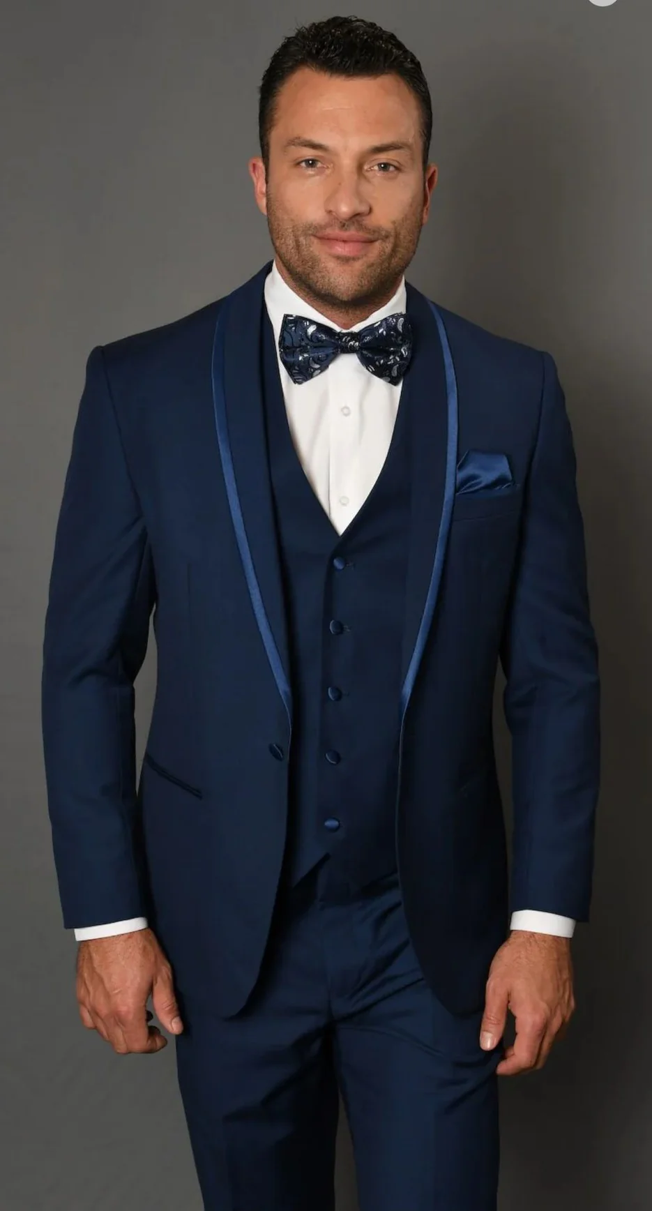 Men’s Navy Blue with Blue Trim Three-Piece Tuxedo with Satin Shawl Lapel and Bow Tie Wedding Suit - Image 6