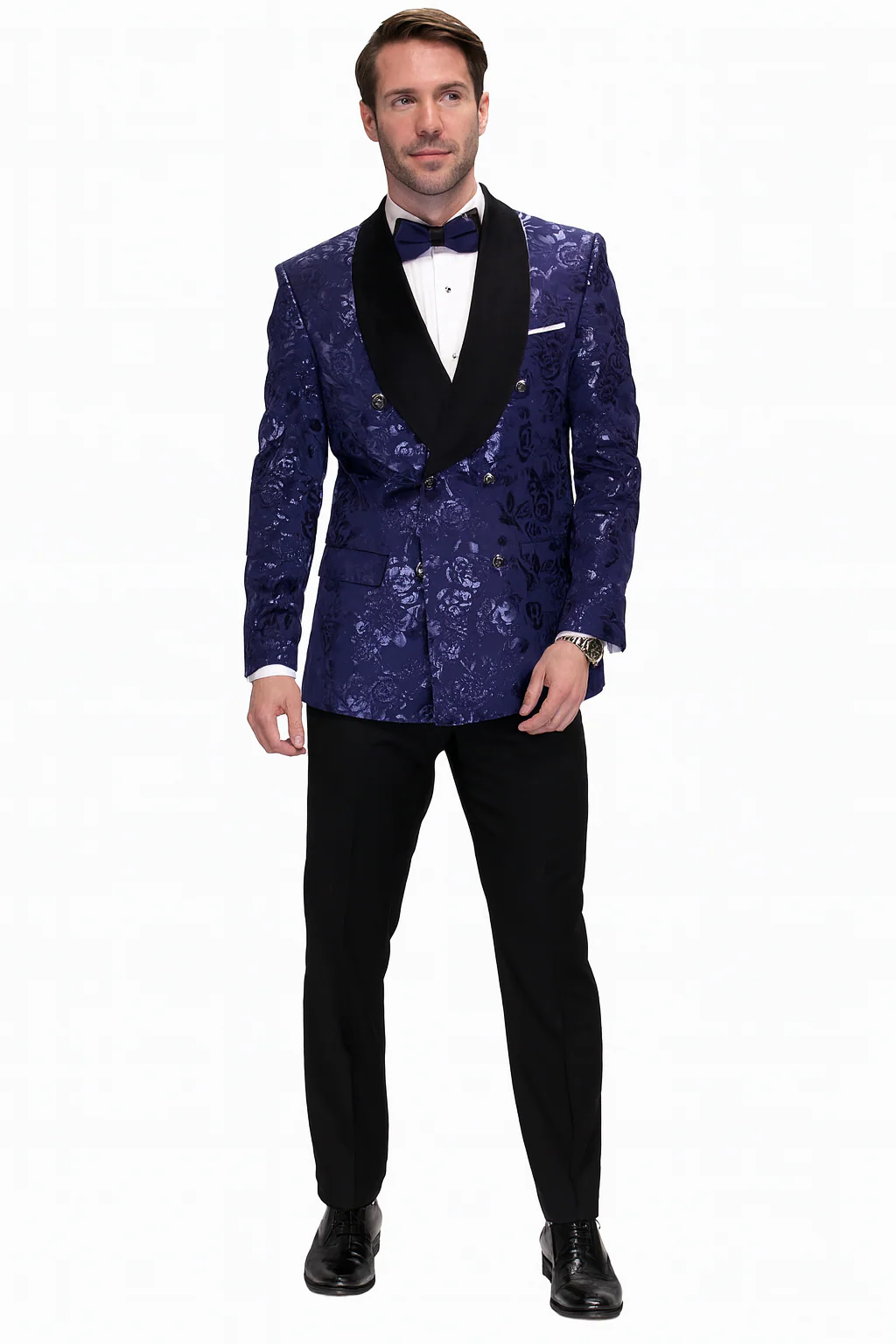Men’s Navy Floral Jacquard Tuxedo Jacket – Double Breasted Blazer with Black Shawl Lapel - Image 2