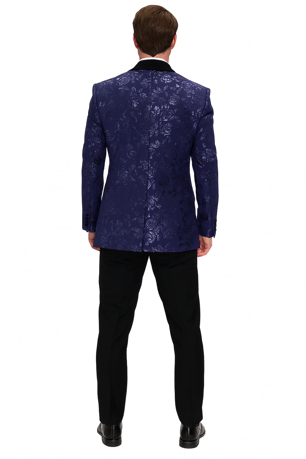 Men’s Navy Floral Jacquard Tuxedo Jacket – Double Breasted Blazer with Black Shawl Lapel - Image 3