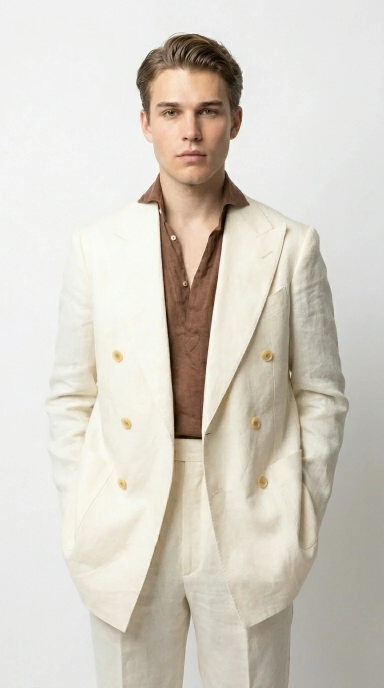 Men’s Off White 70s Style Double Breasted Suit – Vintage Retro Wide Lapel Classic Outfit for Party, Wedding and Casual Fashion Wear - Image 7
