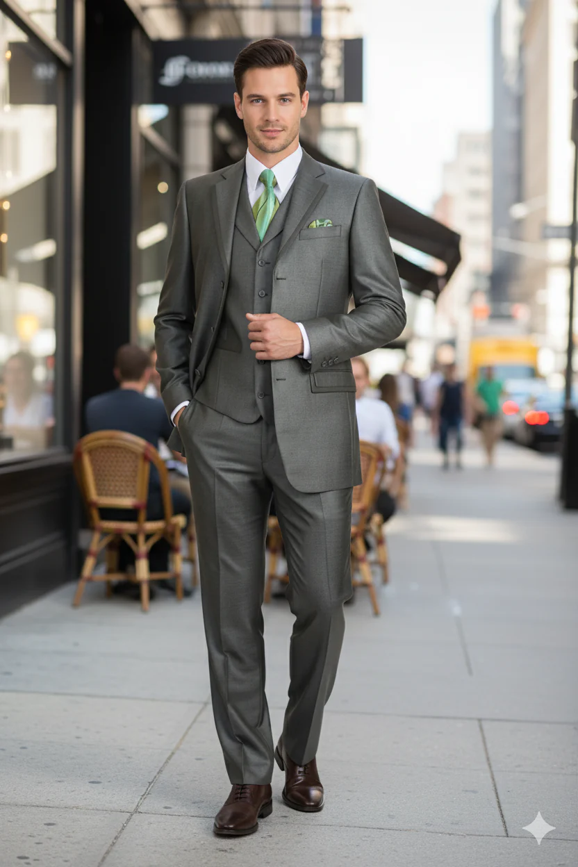 Men’s Olive Green 3-Piece Suit – Classic Fit with Vest and Tie Pleated Pants Three Buttons - Image 4