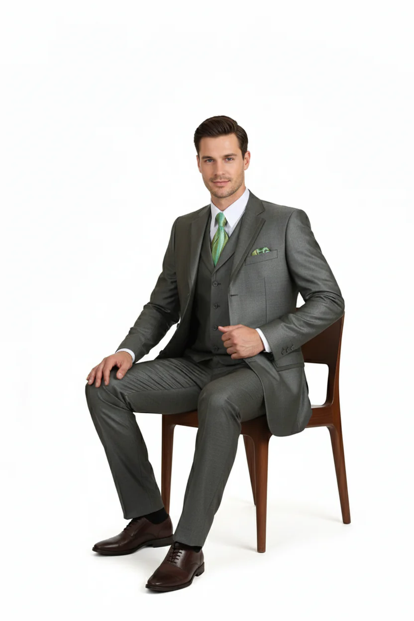 Men’s Olive Green 3-Piece Suit – Classic Fit with Vest and Tie Pleated Pants Three Buttons - Image 5