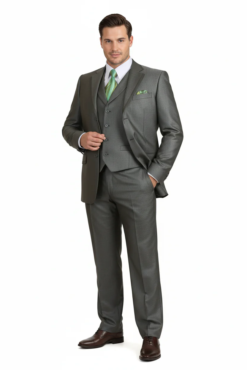 Men’s Olive Green 3-Piece Suit – Classic Fit with Vest and Tie Pleated Pants Three Buttons - Image 6