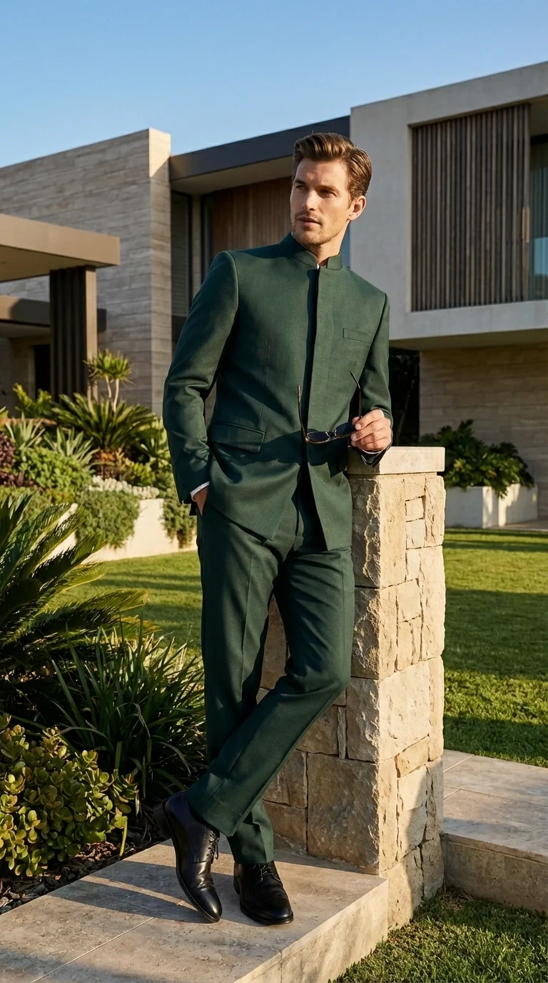 Men’s Olive Green Tuxedo Mandarin Collar Suit – Modern Nehru Style Formal Suit for Wedding Banded Collar - Image 11