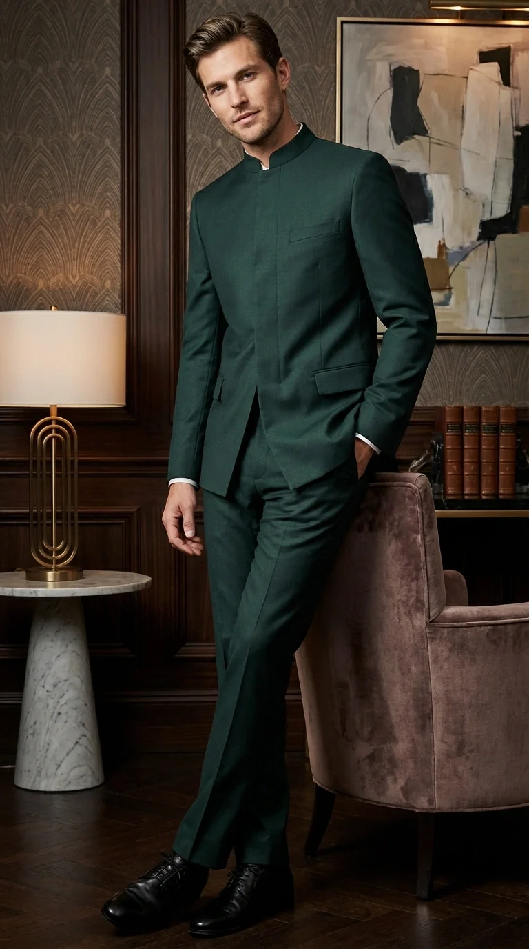 Men’s Olive Green Tuxedo Mandarin Collar Suit – Modern Nehru Style Formal Suit for Wedding Banded Collar - Image 12