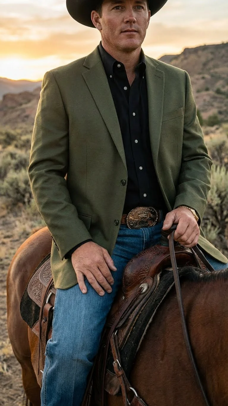 Men’s Olive Green Western Blazer Jacket, Classic Cowboy Style Sport Coat for Casual Formal Wear with Jeans - Image 5