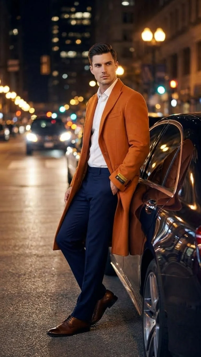 Men’s Orange - Rust Wool Blend Long Overcoat – Topcoat Carcoat Topcoat - Image 2