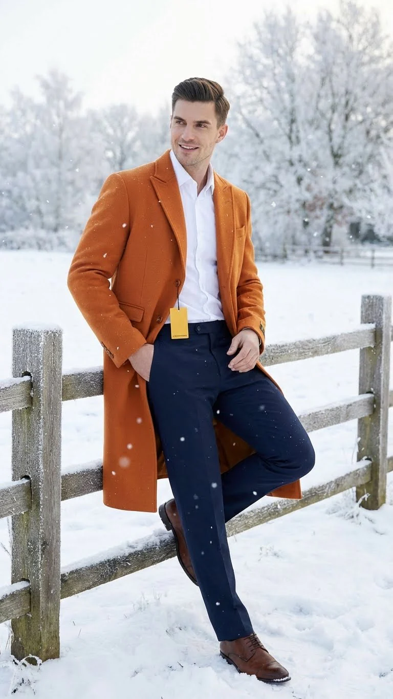 Men’s Orange - Rust Wool Blend Long Overcoat – Topcoat Carcoat Topcoat - Image 6