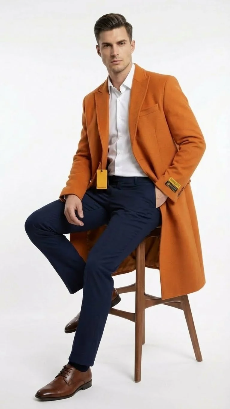 Men’s Orange - Rust Wool Blend Long Overcoat – Topcoat Carcoat Topcoat - Image 7
