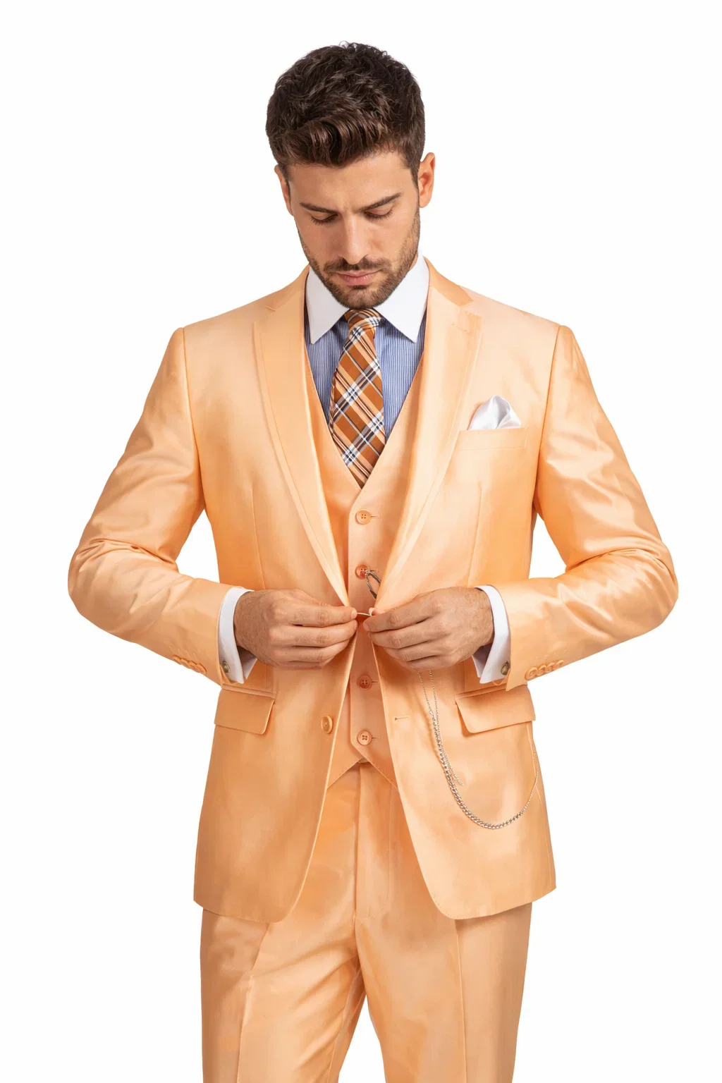 Men’s Orange Sharkskin Tuxedo Suit – Slim Fit 3-Piece Wedding & Prom Style - Image 5