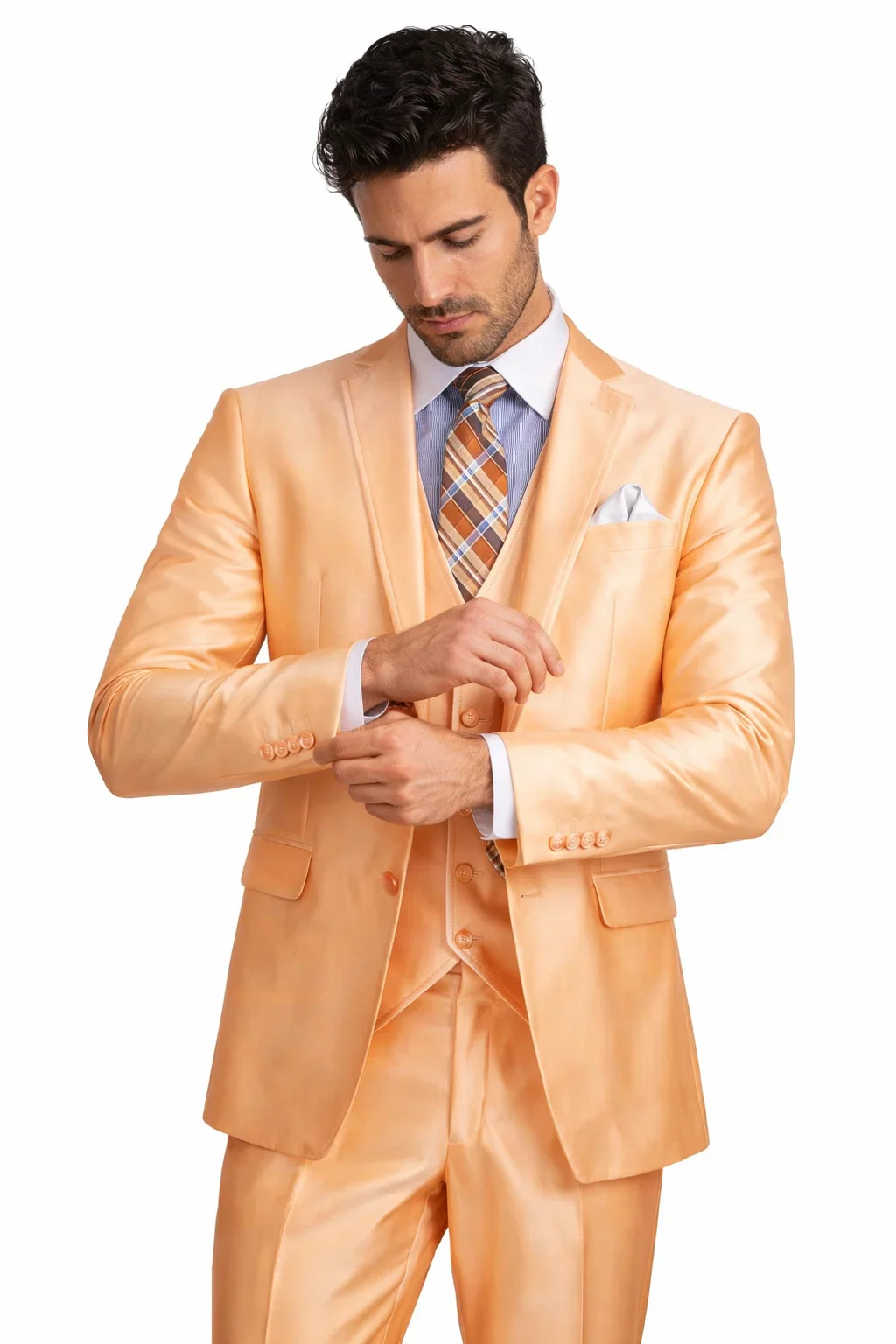 Men’s Orange Sharkskin Tuxedo Suit – Slim Fit 3-Piece Wedding & Prom Style - Image 6