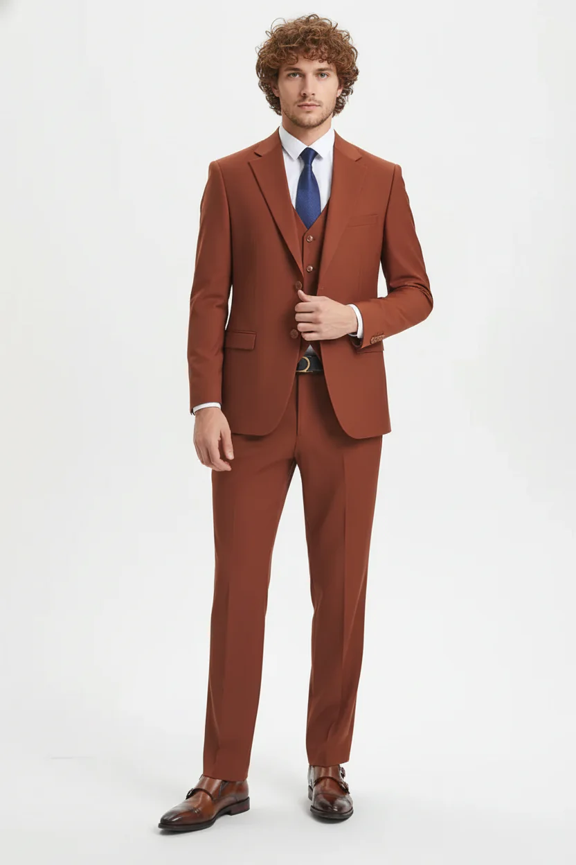 Men’s Orangish Rust Brown Three-Piece Suit –   Slim Fit Jacket, Vest and Tailored Pants in Brick Color - Image 2